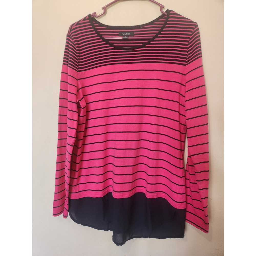 Nautica Womens Pink‎ Navy Striped Long Sleeve Mixed Media Layered Top Large